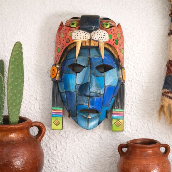 Signed Efren Ledezma Jaguar Mask Hand Carved Mexican Folk Art Wall Decor